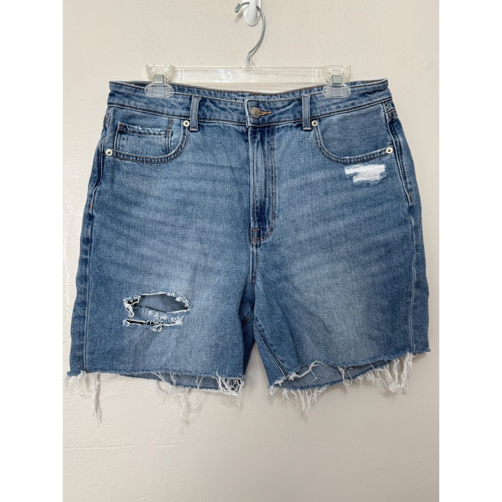 American Eagle Mom Jean Shorts Blue Distressed‎ High Rise Denim Size 14